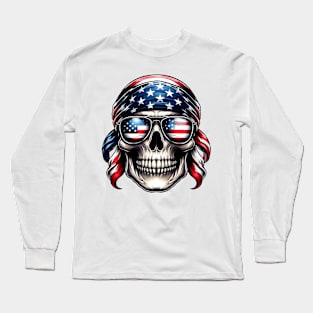 Skull American USA Flag Sunglasses 4th of July Skull Long Sleeve T-Shirt